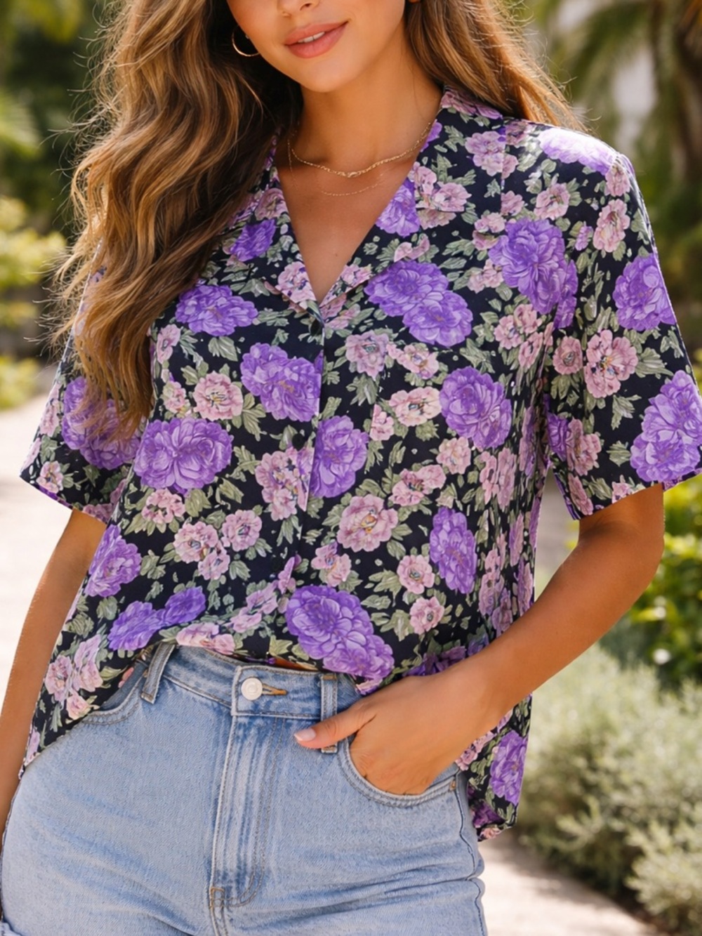 New Editions- Vintage Purple Floral Blouse Size X-Large